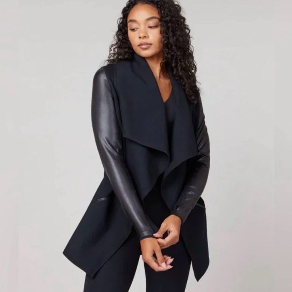 Spanx Women's Black Drape Front Jacket with Faux leather sleeves